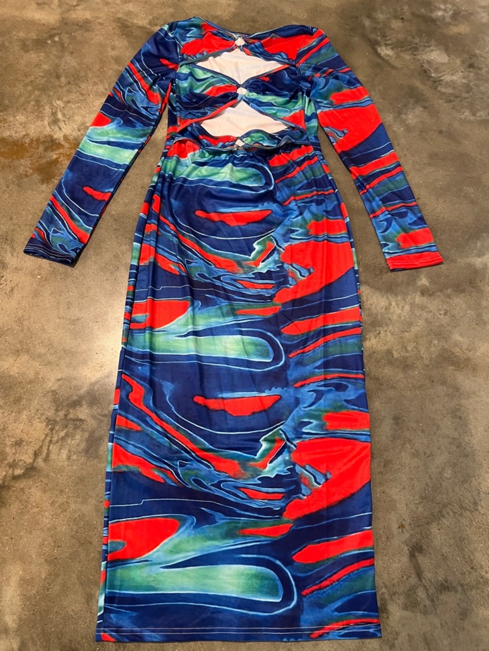 Bold Abstract Print Long Sleeve Cutout Maxi Dress - Blue/Red/Green